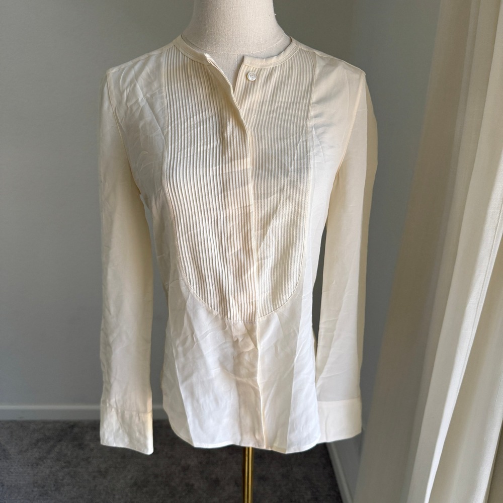 Burberry Brit Cream Silk Blend Tuxedo Pleated Bib Long Sleeve Blouse XS Elegant